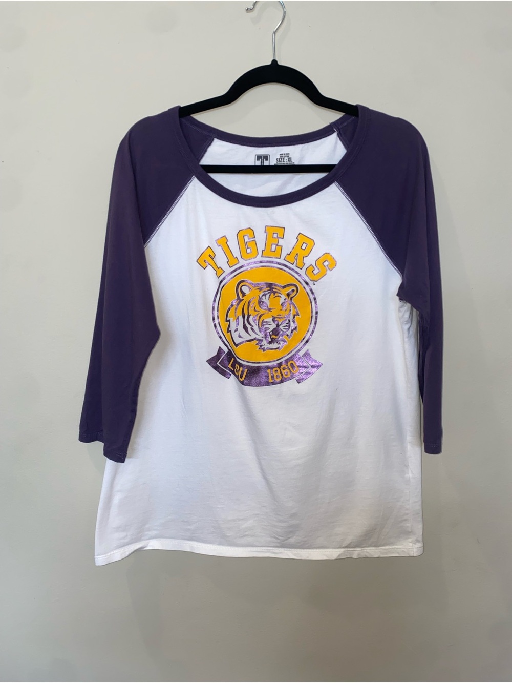 LSU Tigers White and Purple Raglan Tee